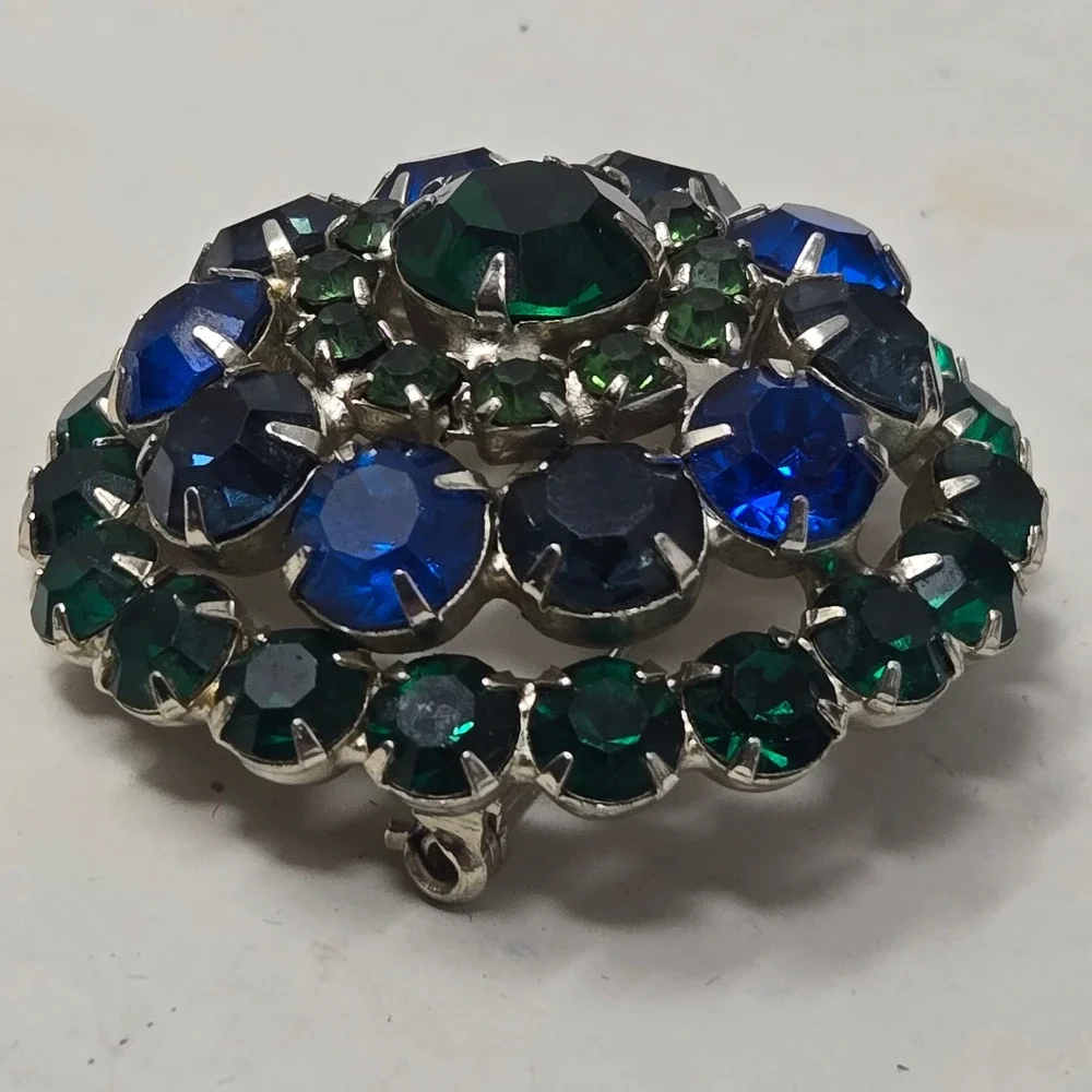 Vintage Austrian Blue Green Rhinestone Domed Brooch Mid Century Peacock Pin